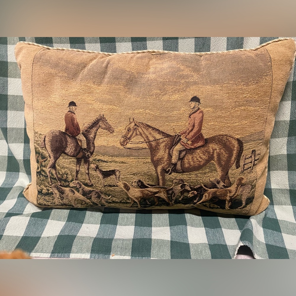 Equestrian Scene Tapestry Throw Pillow in Tan and Brown Large 25”/15”
